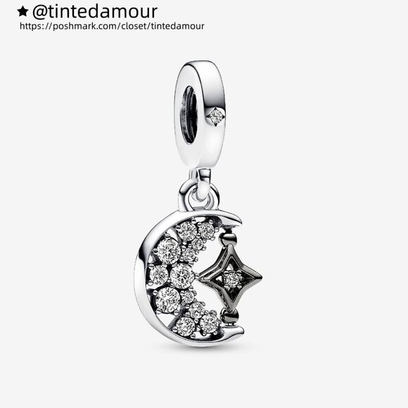 Pandora Sparkling Crescent Moon & Spinnable Star Dangle Charm - Picture 1 of 5